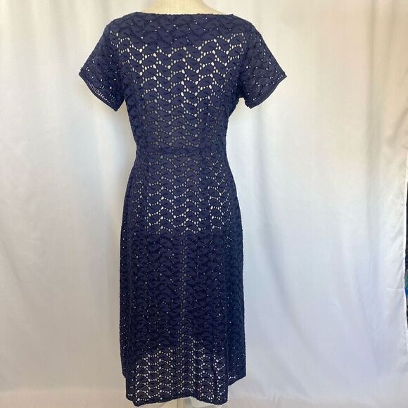 Rare Vintage Navy Blue Eyelet Lace Midi Dress Short Sleeve 50s Fit & Flare Women - Picture 3 of 12